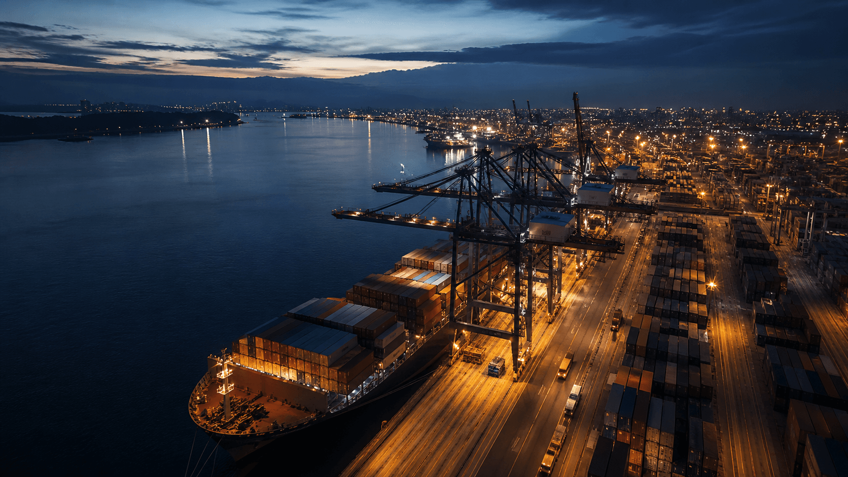 Container terminal and cargo vessel operating at dusk